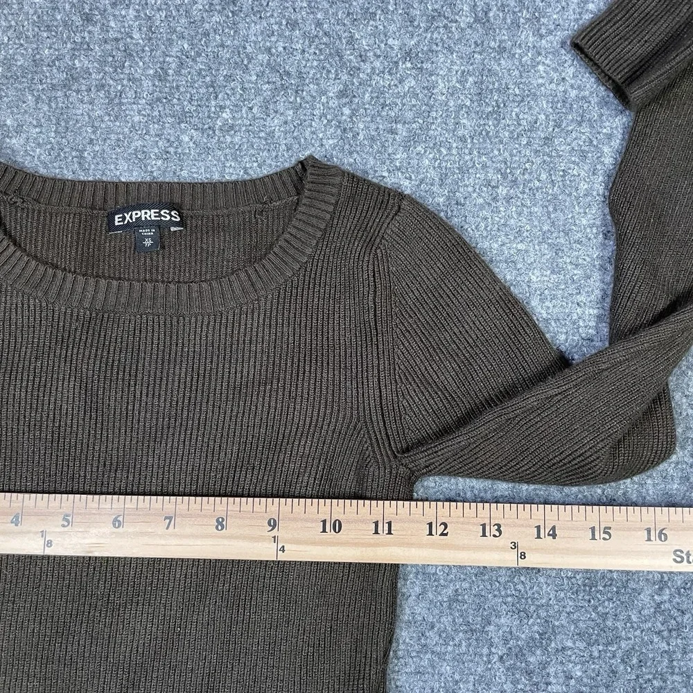 Express Cropped Sweater Women's XS Green Ribbed Long Sleeve Pullover Top Fitted